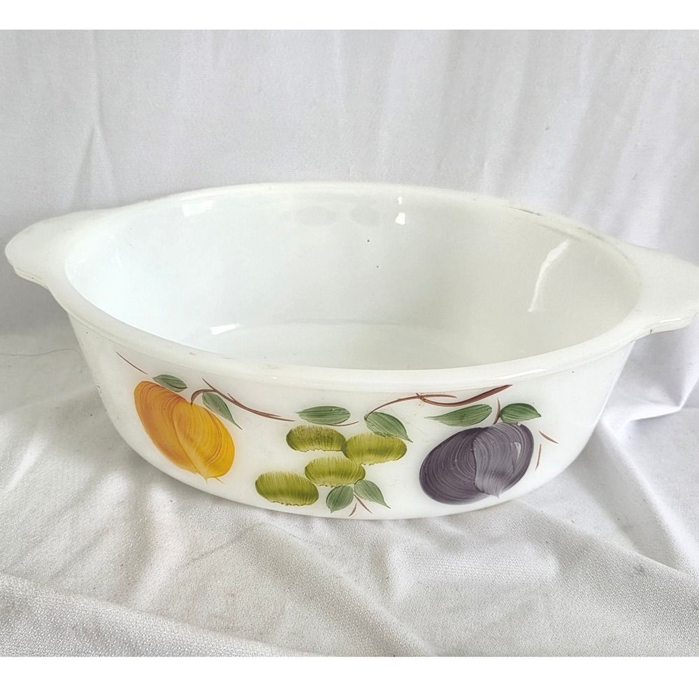 Vintage Anchor Hocking Fire King Fruit Milk Glass Oval Casserole Dish 1.5 Qt